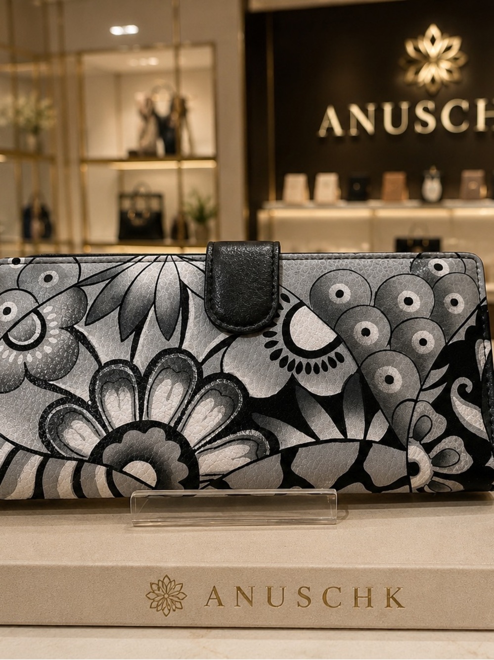 Anuschka Black and Silver Floral Leather Wallet